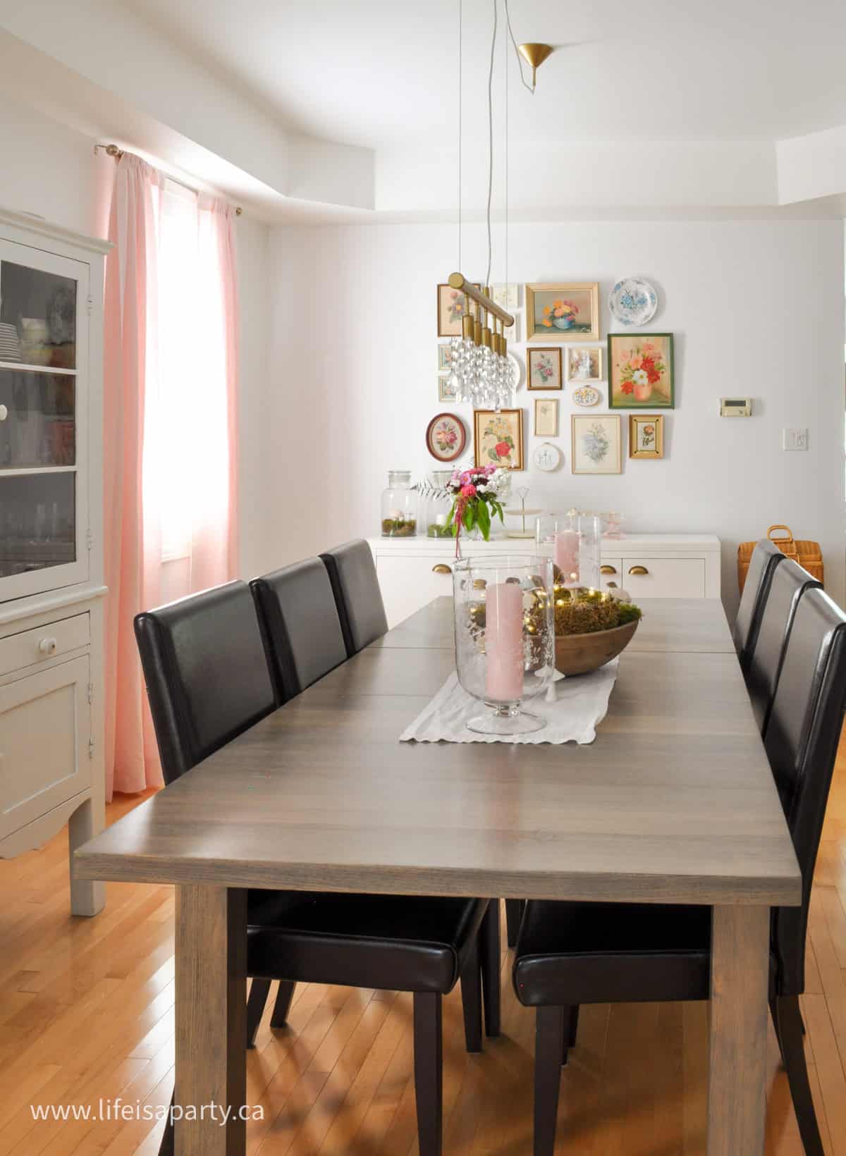 Floral gallery wall in a dinning room.