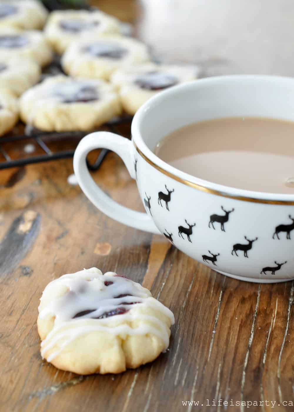 Raspberry thumbprint cookie and cup of tea.