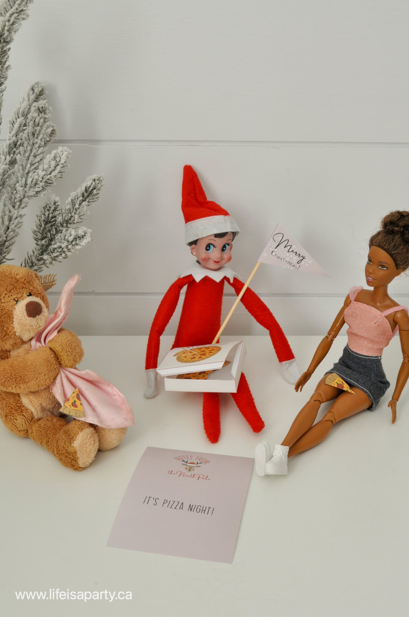 Elf on the shelf with free printable mini pizza and pizza box.