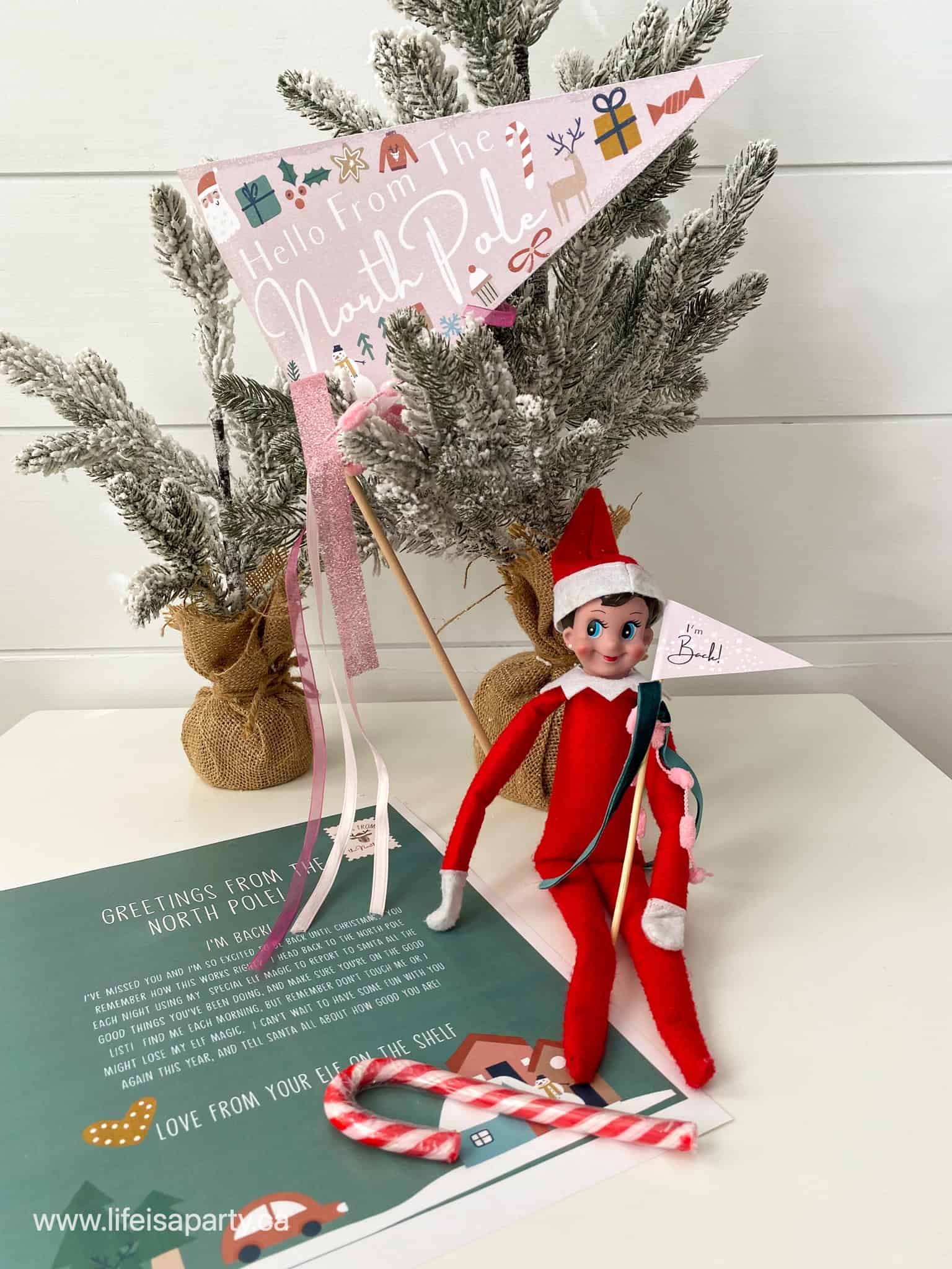 Elf on the shelf with free printable arrival letter and pennants.